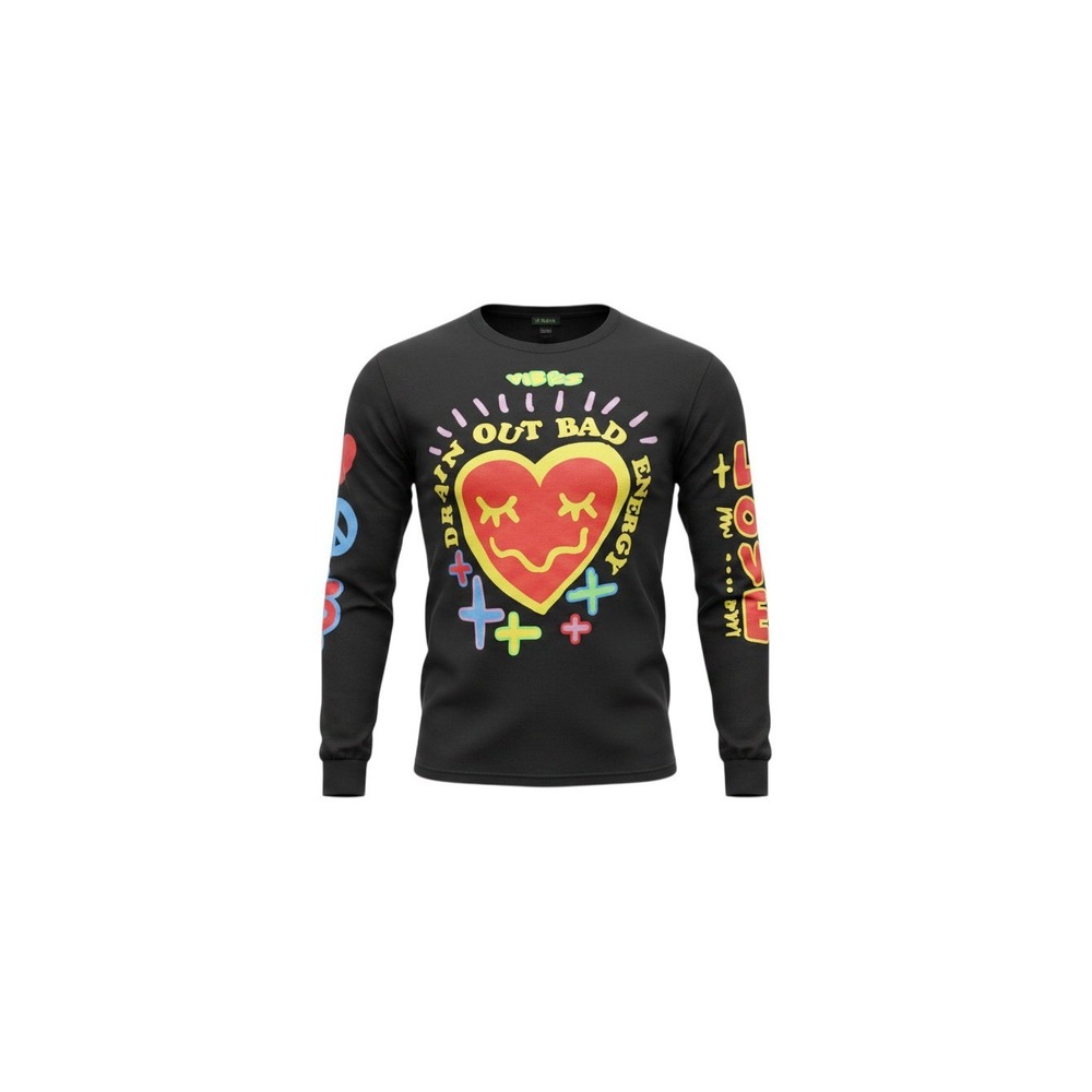 PacSun Graphic Tee Mens L Black New Long Sleeve Drain Out Bad Energy Heart